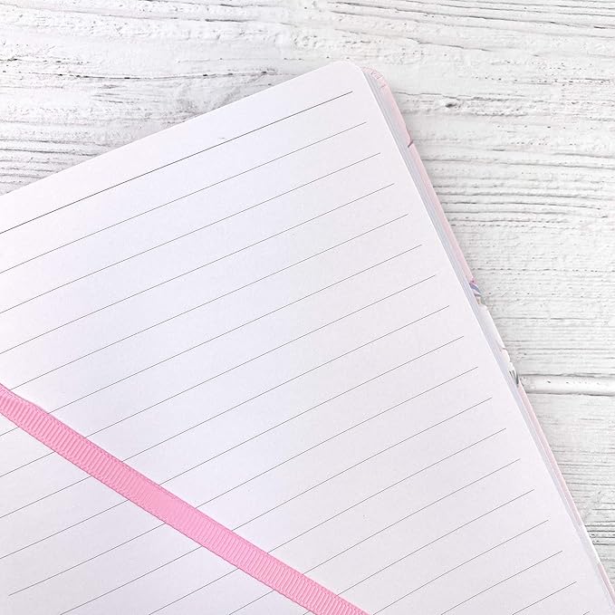 RICCO BELLO Wide Ruled Hardcover Diary Journal School Notebook for Kids, Tweens - Bookmark, Band Closure, Storage Pocket, 5.7 x 8.4 Inches, 192 Pages, (Pink Unicorn)