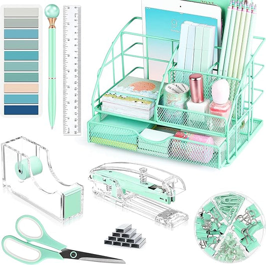 Green Desk Accessories, Office Desk Organizers and Accessories Supplies with Mesh Desk Organizer, Tape Dispenser, Stapler, Staples, Ballpoint Pen, Clips Set, Ruler, Scissor, Sticky Tabs