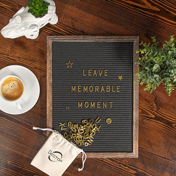 Felt Letter Board with Rustic Vintage Frame and Stand 12x16 inch, Dark Grey Changeable Letter and Message Board Includes 792 Letters, Numbers and Symbols, Hook to Hang, 2 Canvas Bags