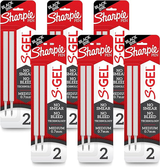 Sharpie S-Gel Refills, Black Ink Gel Pen Refills, Medium Point (0.7mm), 6 Packs of 2ct, 12 Refills Total