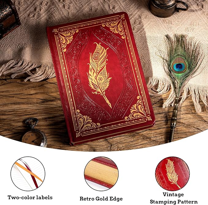 CAGIE 320 Pages Thick Hardcover Journaling Notebooks Vintage Leather Journal for Women Men A5 College Ruled Journals for Writing with Gift Box, 5.7 x 8.3 in, Red