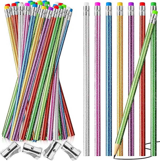 Outus 68 Pieces Glitter Pencils with Eraser Wood Colorful Pencils and Sharpeners for Graduation Kids Writing Painting