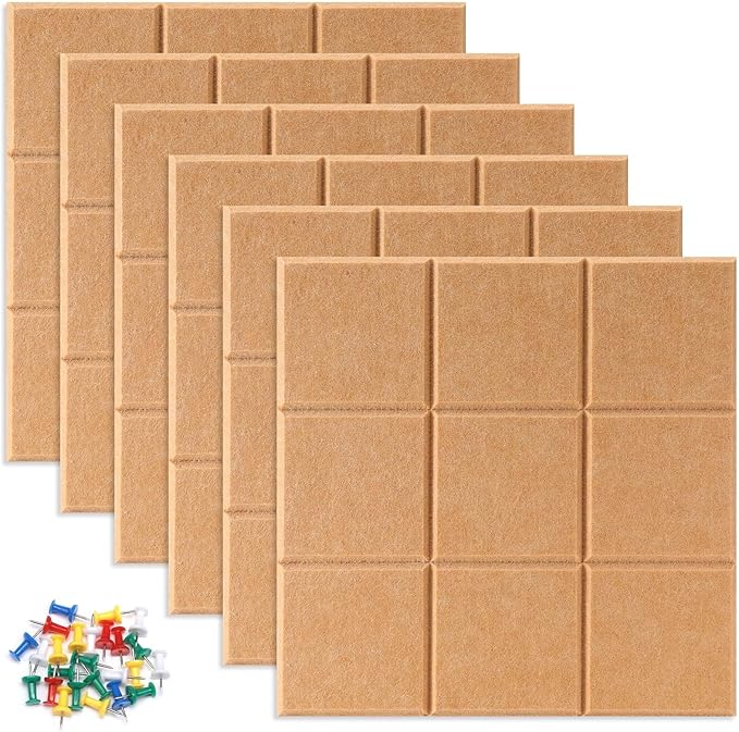 Bulletin Board 6 Pack Large Pin Board 11.8" x 11.8", Felt Board Tiles with 30 Push Pins Alternative to Cork Board for Wall Damage-Free, Self Adhesive Notice Board Memo Board for Home Office