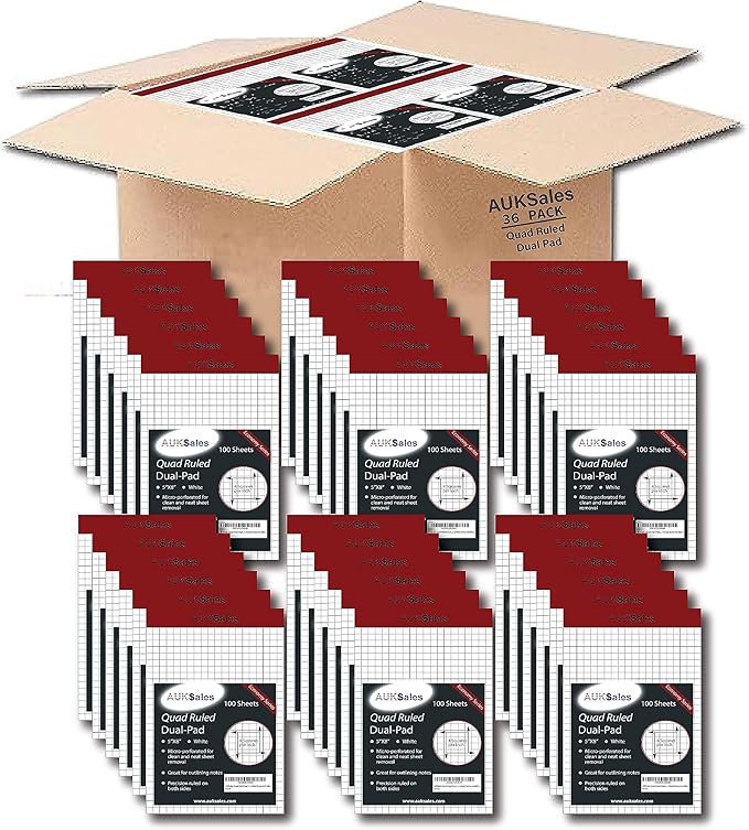 Grid Paper Pad 5x8 Inches – Graph Paper Pad 4x4, Grid Notepad, 36 Pack, 5x8 Graph Paper 1/4 Grid, Graphing Paper, Engineering Pad – 100 Sheets 200 Pages Perforated Pad for School, Home, & Office