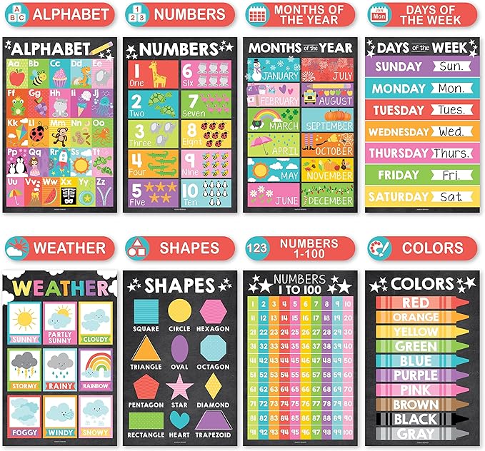 Hadley Designs 16 Educational Posters for Classroom & Kindergarten, Kindergarten Classroom Must Haves, Laminated PreK Learning Chart Materials US & World Map, ABC Alphabet, Shapes, Days of the Week
