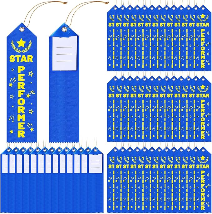 50 Pcs Star Performer Award Ribbons 8 x 2 Inches Blue Performer Ribbons with Cards and Strings Performance Prizes Bookmark Style Awards for Stage Competitions Class Activities