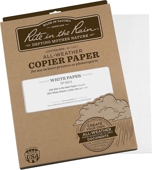 Rite in the Rain Weatherproof Copier Paper, 8.5" x 11", 20# White, 200 Sheet Pack (No. 8511X)