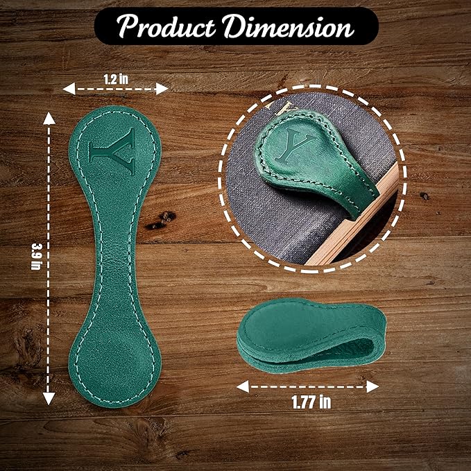 Personalized Leather Magnetic Bookmarks (1 Pack) Vintage Custom Engraved Initial ID Identification Book Marker Clip Gift for Book Lover Avid Readers (Letter Y, Green)