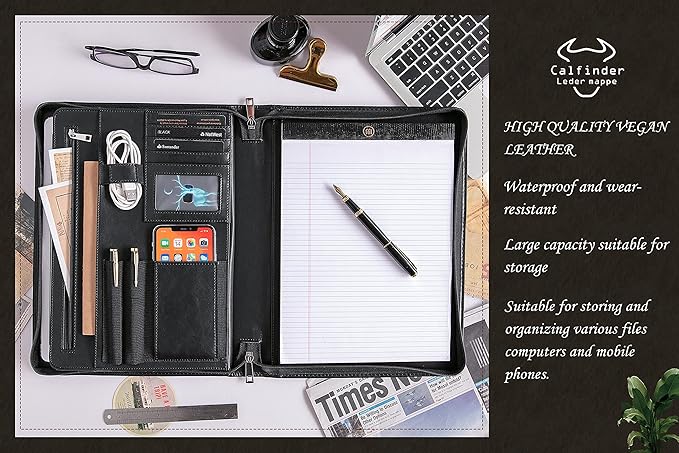 Personalized Leather Portfolio Padfolio with Zipper, Professional Business Portfolio with A4/US letter Writing Pad holder for Resume, Interview, Leather Portfolio for Men and Women, Black, Customized