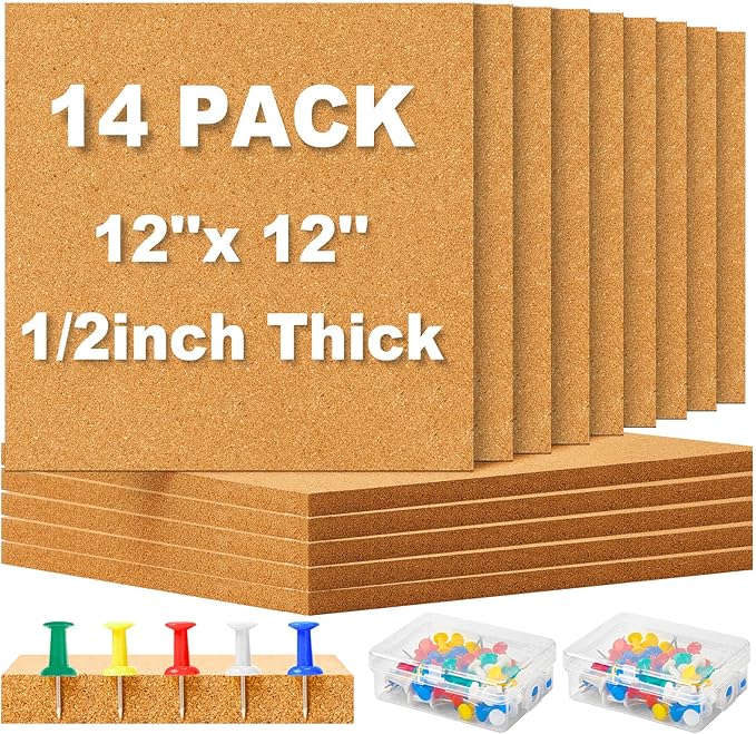 Cork Board Tiles 12 x 12 in 0.5 in Thick Square Bulletin Boards Cork Tiles Bulk with Push Pins Mini Natural Self Adhesive Backing Corkboards for Wall Home Office Floor DIY(14 Pcs)