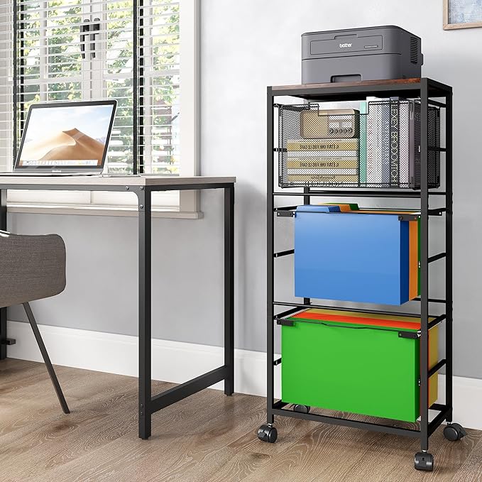 EasyPAG Hanging File Folder Organizer Rolling Cart on Wheels 2 Letter/Legal Size Mobile Hanging File Folder Frame with 1 Pull-Out Drawer for Home Office, Black