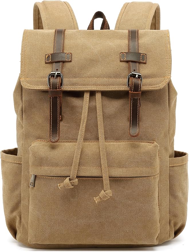 HuaChen Vintage Canvas Backpack, Mens Travel Rucksack for Laptop Hiking Bag (M83_Khaki)
