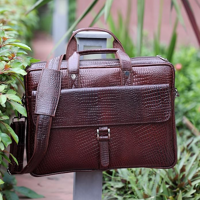 Crocodile Embossed leather bag for men, 5 Zipper Pockets with Spacious Compartments.,12 x 16 x 4 inches.