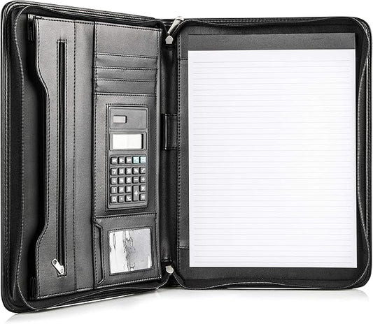 Cossini Black Superior Vegan Leather Business Portfolio with Zipper – Padfolio All-in-One. Smartest Protective 10.1 Inch Tablet Sleeve, Presentation Slot, Solar Calculator, Card Storage, Writing Pad