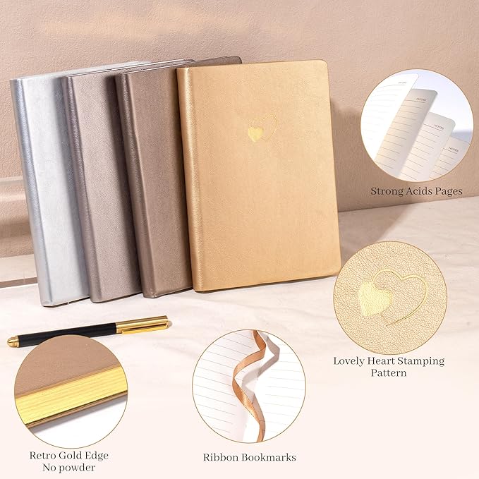 CAGIE 4 Pack Lined Journal Notebook for Women and Girls 256 Pages Cute Diary with Heart-Shaped Leather Journals for Writing A5 Soft Cover Notebooks for Work School (Silver, A5)