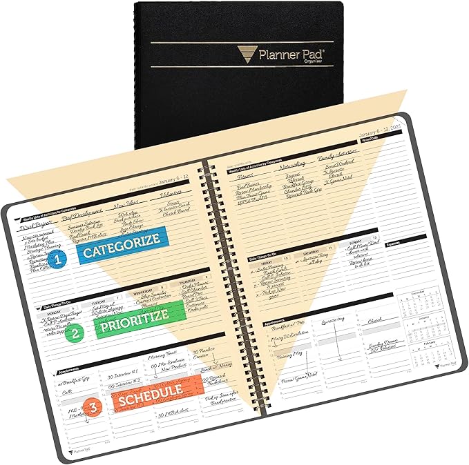 Planner Pad Spiral Bound January-December 2025/ Calendar Year 8 1/2" x 11" Large 3-Tier Funnel Down 12 Month Organizer, Black Cover/Black Ink