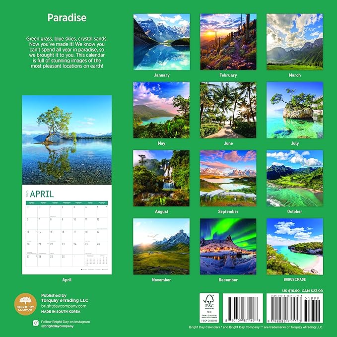 2025 Paradise Monthly Wall Calendar by Bright Day, Includes Over 300 Stickers, 12 x 12 Inch