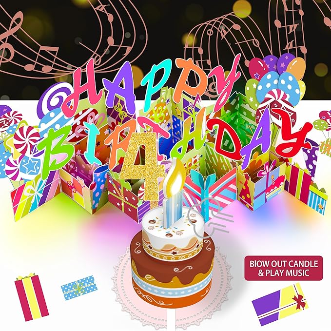 Gumry 4TH Musical Birthday PopUp Card, Blowable Colorful Light Candle 3D Cards with Song, Applause Cheers Sound, Greeting Cards Birthday Gifts Decorations for Daughter Son Turning 4 Years Old