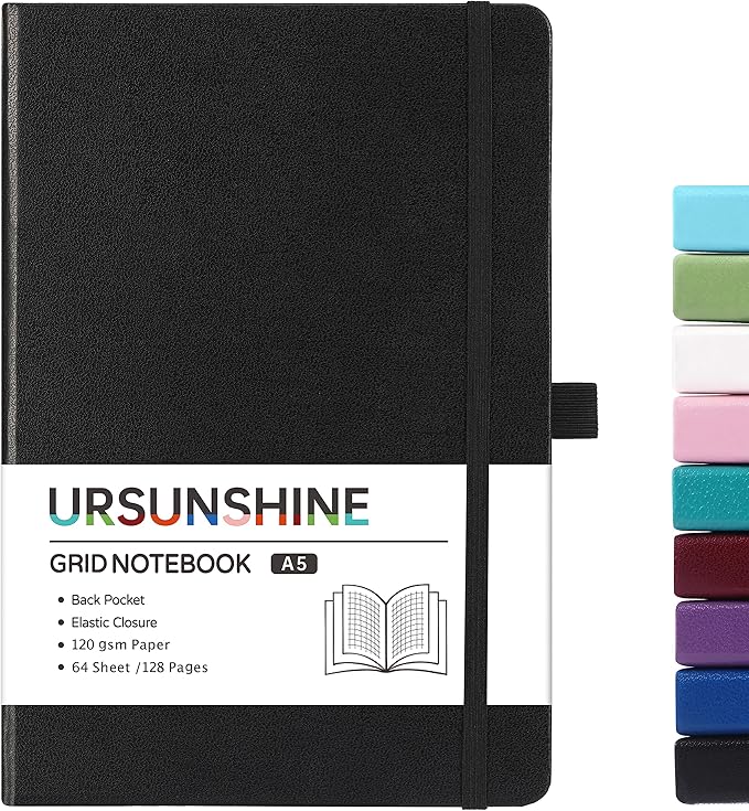 Graph Grid Paper Notebook/Journal - Classic Journal/Notebook with Ribbon Divider, Hardcover with Thick Paper, 5.3" x 8.26", Banded + Pen Holder +Inner Pocket - Black