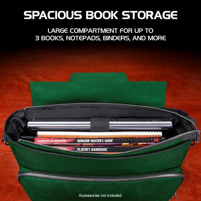 ENHANCE Collector's Edition RPG Player's Essentials DND Bag - Dragon Hide Exterior Messenger Bag Fits 2-4 Books, Binders, Dice & Accessories, with 17 inch Laptop Slot, Battlemap Straps (Dragon Green)