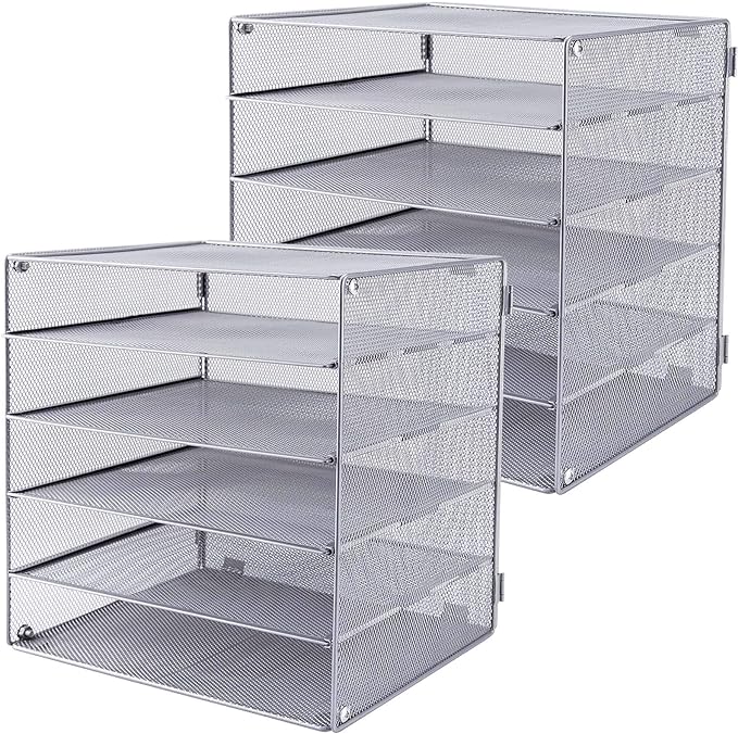 EASEPRES 5 Slot Mesh Desk Organizer Tray, File Paper Letter Folder Holder Desktop Paper Sorter Mail Organization Rack Storage Accessories, for Office Home School Classroom, Silver, 2 Pack