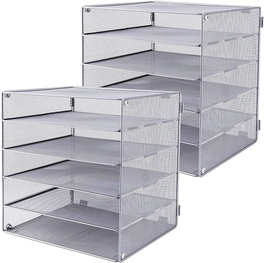 EASEPRES 5 Slot Mesh Desk Organizer Tray, File Paper Letter Folder Holder Desktop Paper Sorter Mail Organization Rack Storage Accessories, for Office Home School Classroom, Silver, 2 Pack