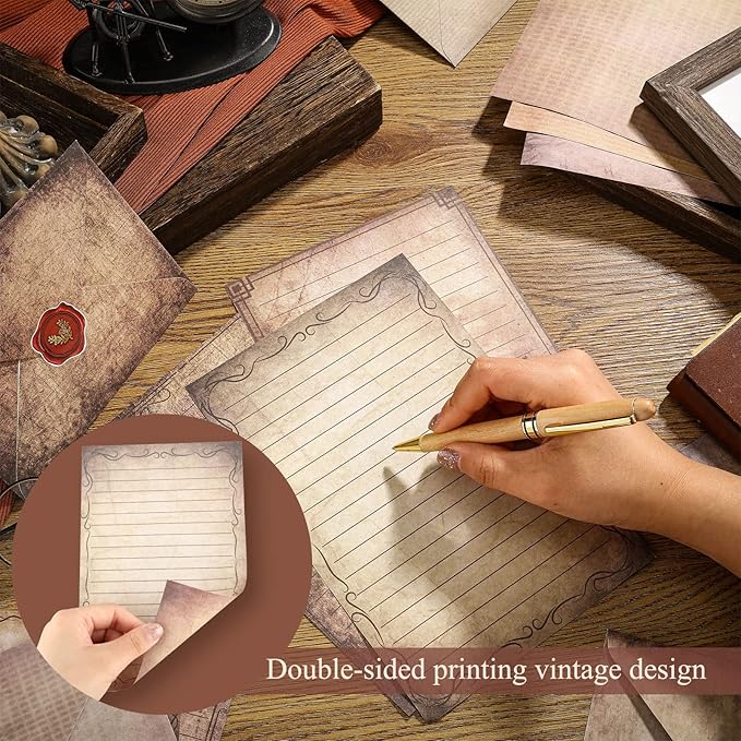 TaoBary 160 Packs Stationery Paper Set (50 Double Sided Stationery Writing Papers 50 Matching Envelopes) 60 Round Dot Sticker, 10 Design(Vintage Antique,5.5 x 8.25 Inch)