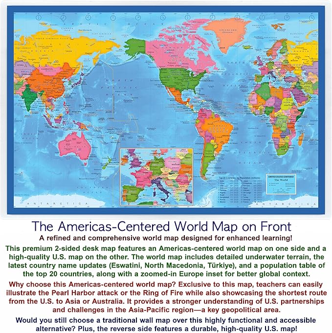 2-Sided Desk Map with Durable Lamination (2 Pack: US/US Centered World; Children's US/US Centered World)