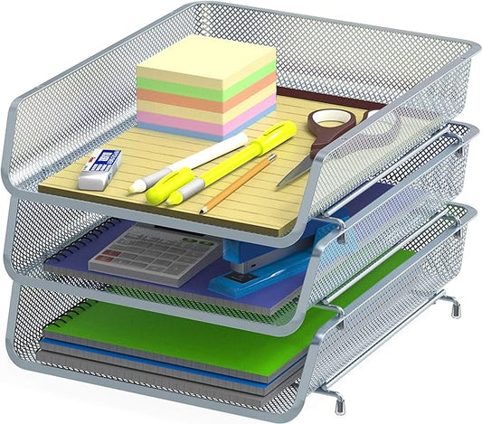 Simple Houseware Stackable Desk File Document Letter Tray Organizer, Silver - 3 Pack