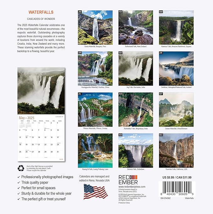 RED EMBER Waterfalls Mini 2025 Wall Calendar 12 Month | 7" x 14" Open | Thick & Sturdy Paper | Giftable | Calendar 2025