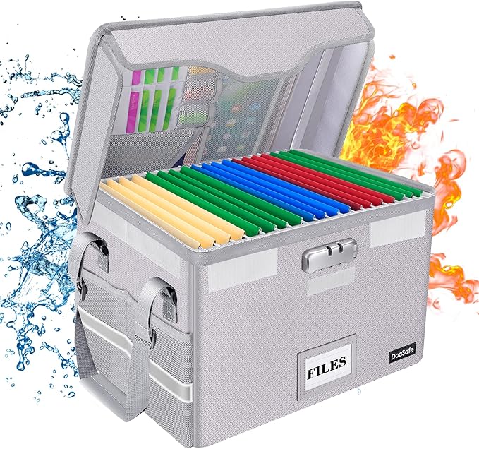 DocSafe File Box Fireproof Document Box with Lock,File Storage Organizer Box with Insert Pockets,Collapsible Portable Filing Box Home Office File Cabinet with Handle for Hanging Folder,Silver,2 Pack
