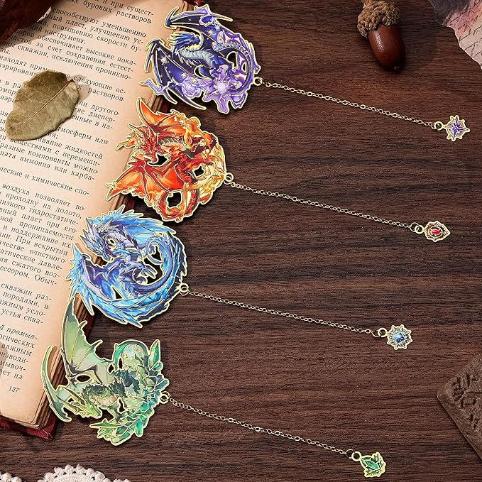 Fantasy Fourth Wings Dragon Bookmarks -4 Designs: Fire Red,Ice Blue,Thunder Purple,Forest Green-Unique Cool Metal Book Marks for Men Women, Inspirational Gift for Kid, Readers, Book Lovers, Collectors