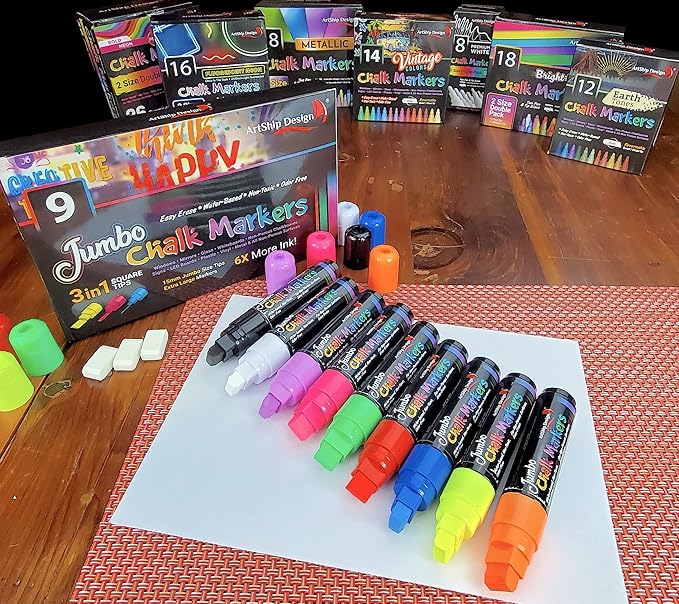 ArtShip Design 9 Jumbo Chalk Markers 15mm 3-in-1 Square Tip Liquid Chalk Pens Wet Erasable - Windows, Menu Boards, Glass, White Boards, Classrooms, Mirrors, Non-Porous Chalk Boards, Plastic, Metal