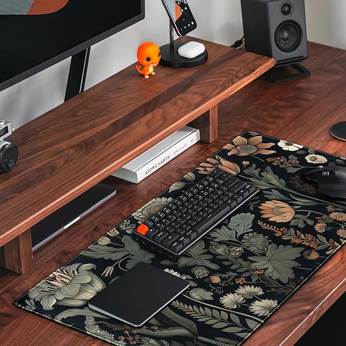 Black Aesthetic Vintage Desk Mat Dark Flower Plants Mouse Pad Wildflowers Large Gaming Mousepad Desk Pad XXL Keyboard Mouse Mat Full Desktop Mat Women Desk Cover Mat for Work Office Home 31.5x15.8 in