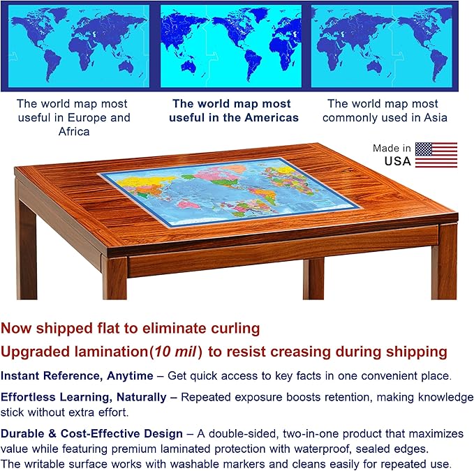 2-Sided Desk Map with Durable Lamination (1 Pack : US & US Centered World)