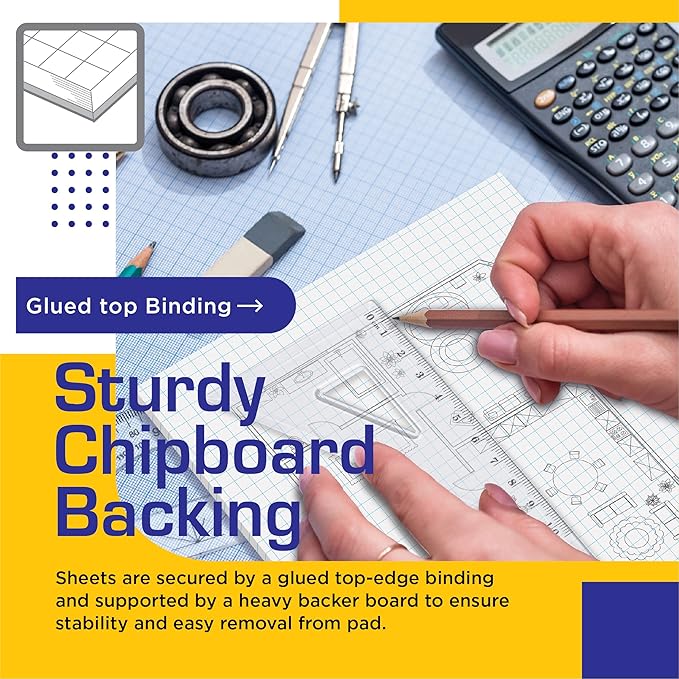 Better Office Products Graph Paper Pad, 8.5" x 11", 50 Sheets, Double Sided, White, 4x4 Blue Quad Rule, Easy Tear, Grid Paper, Graph Paper