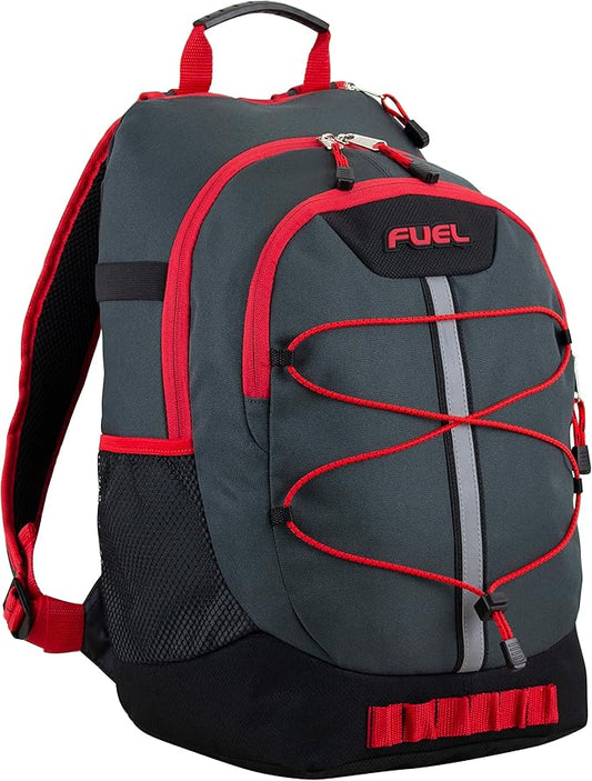 FUEL Hiking Backpack for Women Men Terra Sport, Travel, College, Gym, Work with Laptop Sleeve, Bungee, 18 Inches, Black Red Graphite