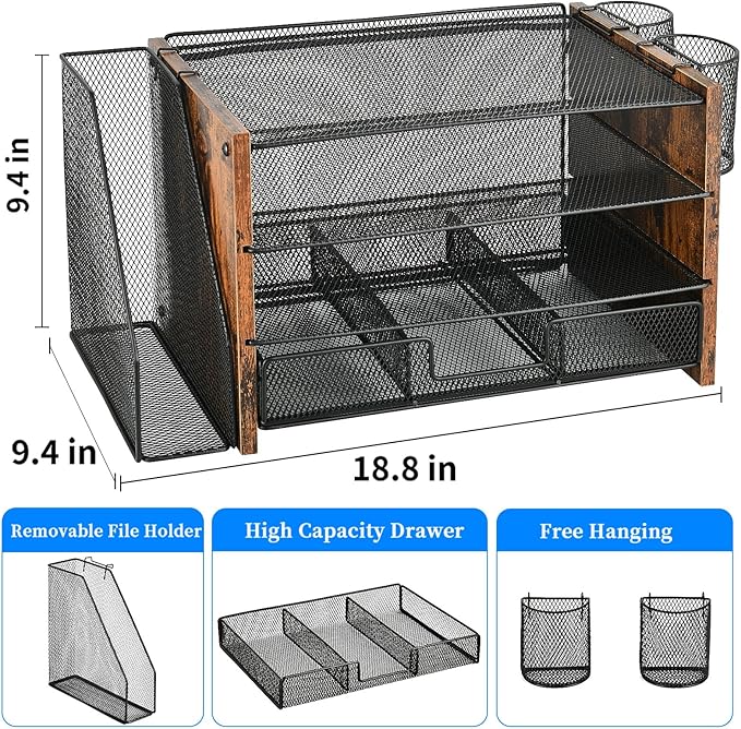Desk Organizers and Accessories, Desk Accessories & Workspace Organizers for Office Supplies, File Organizer Desk Drawer Organizer with 2 Pen Holders, 4 Tier Paper Organizer for Desk(Wood)