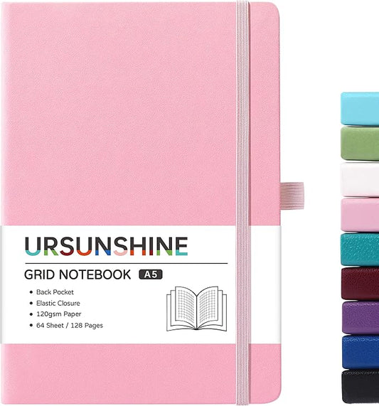Graph Grid Paper Notebook/Journal - Classic Journal/Notebook with Ribbon Divider, Hardcover with Thick Paper, 5.3" x 8.26", Banded + Pen Holder +Inner Pocket - Pink