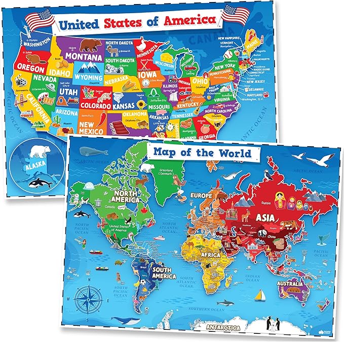 Momo & Nashi United States & World Map Poster for Kids - 2 Pc - 24 x 16 Inch Waterproof USA & Map of the World Poster - for Wall Posters for Learning, Classroom, Education, Back to School Resources