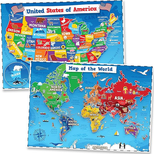 Momo & Nashi United States & World Map Poster for Kids - 2 Pc - 24 x 16 Inch Waterproof USA & Map of the World Poster - for Wall Posters for Learning, Classroom, Education, Back to School Resources