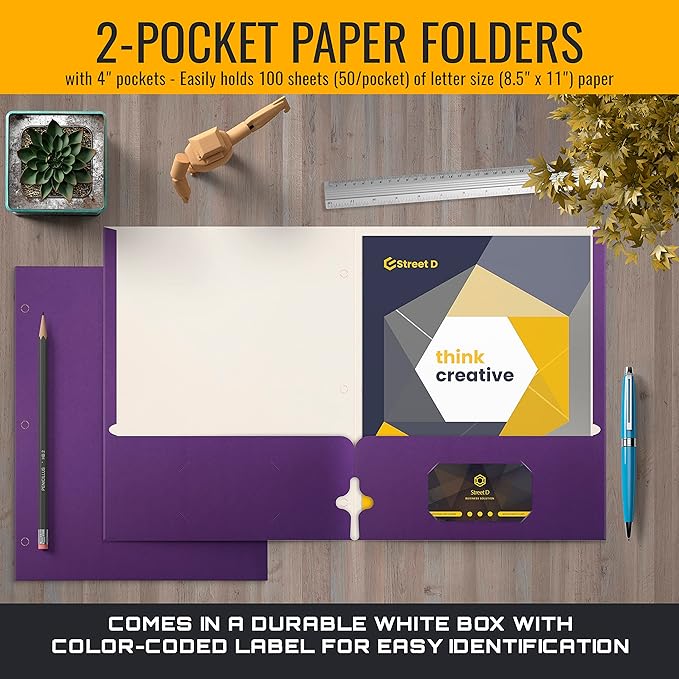 Better Office Products Two Pocket Portfolio Folders, 50-Pack, Purple, Letter Size Paper Folders, 50 Pieces, Purple