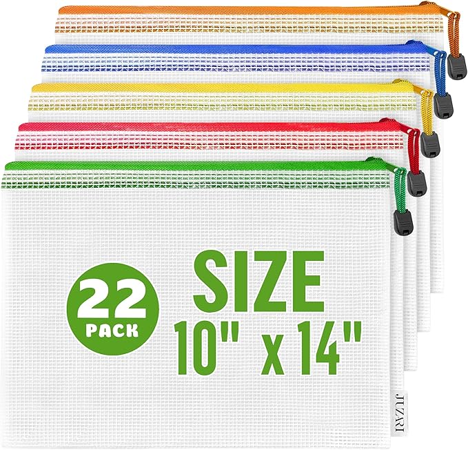 22 Pack Mesh Zipper Pouch Bags 10x14 inch - Plastic Zipper Pouches for Organizing - Document Bags With Zippers - Letter Size Zippered Pouch - Document Pouches With Zippers