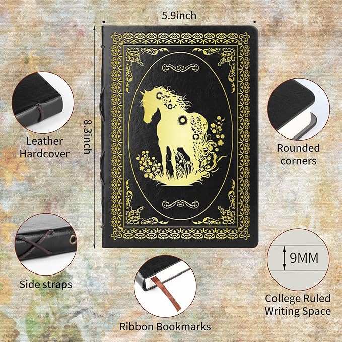 Black A5 Horse Gifts for Women Girls Faux Leather Vintage Notebook Inspirational Horse Trainer Gift Hardcover Executive Notebook,200 Pages 120 Gsm Thick Ruled Paper With Pen,Horse Lover Gifts Equestrian Gift (Horse Black)