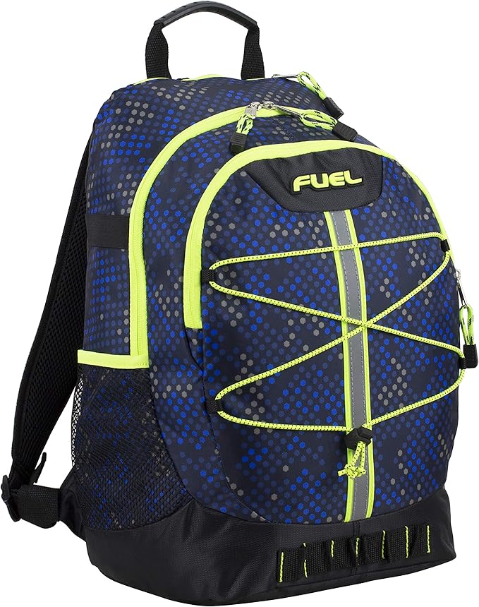 FUEL Hiking Backpack for Women Men Terra Sport, Travel, College, Gym, Work with Laptop Sleeve, Bungee, 18 Inches, Blue Hexagon