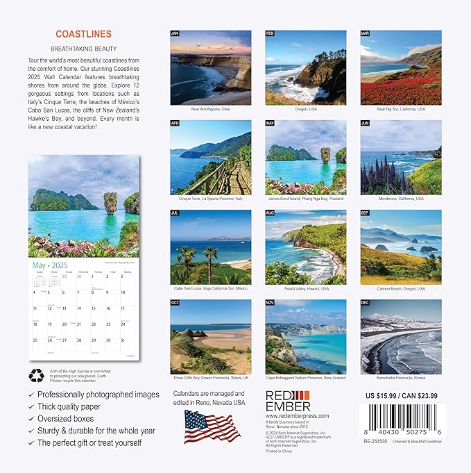 RED EMBER Untamed & Beautiful Coastlines 2025 Wall Calendar 12 Month | 12" x 24" Open | Thick & Sturdy Paper | Giftable | Calendar 2025