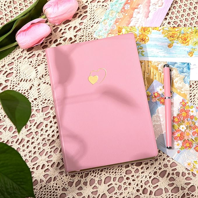 CAGIE Pink Journal for Women 256 Pages Cute Diary with Heart-Shaped Leather Journals for Writing A5 Soft Cover Journaling Notebooks for Work School (03 Pink, A5)
