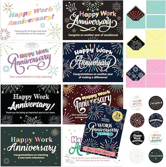 Decorably 24 Pack 6x4in Happy Work Anniversary Cards for Employees with Envelopes & Stickers, 8 Fireworks Designs Employee Anniversary Cards, Blank Inside