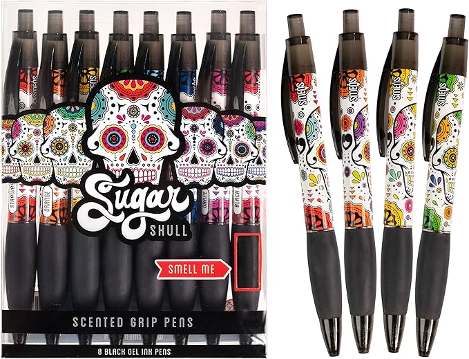 Sugar Skull Smens - Patented Gourmet Scented Pens, Black Ink, Medium Point - 8 Count
