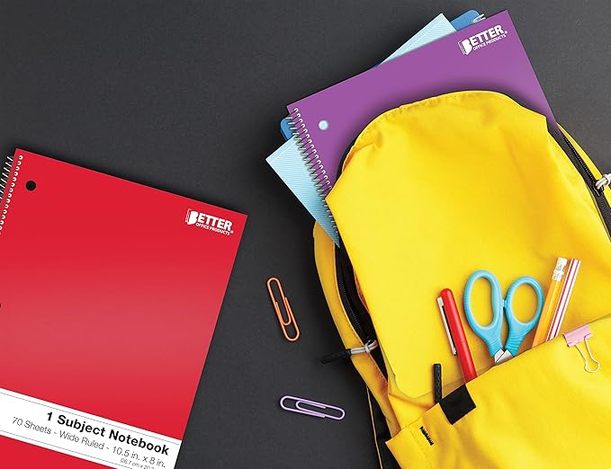 Better Office Products Spiral Notebooks 1-Subject, 24 Pack, Wide Rule, 70 Sheet, 8 x 10.5 inches, 6 Assorted Primary Colors, 24 Pack